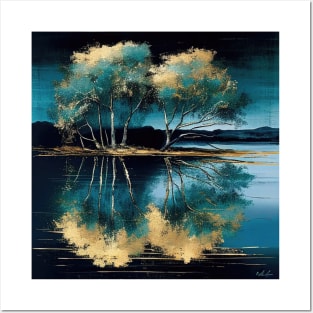 Golden Tree Blue Lake Reflections Posters and Art